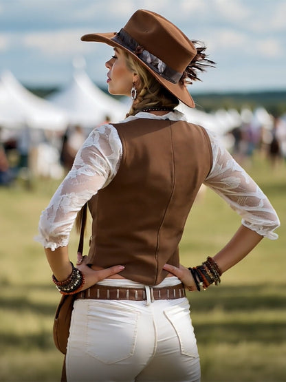 Chemise en Suède Marron avec Manches en Dentelle : Élégance Western Romantique