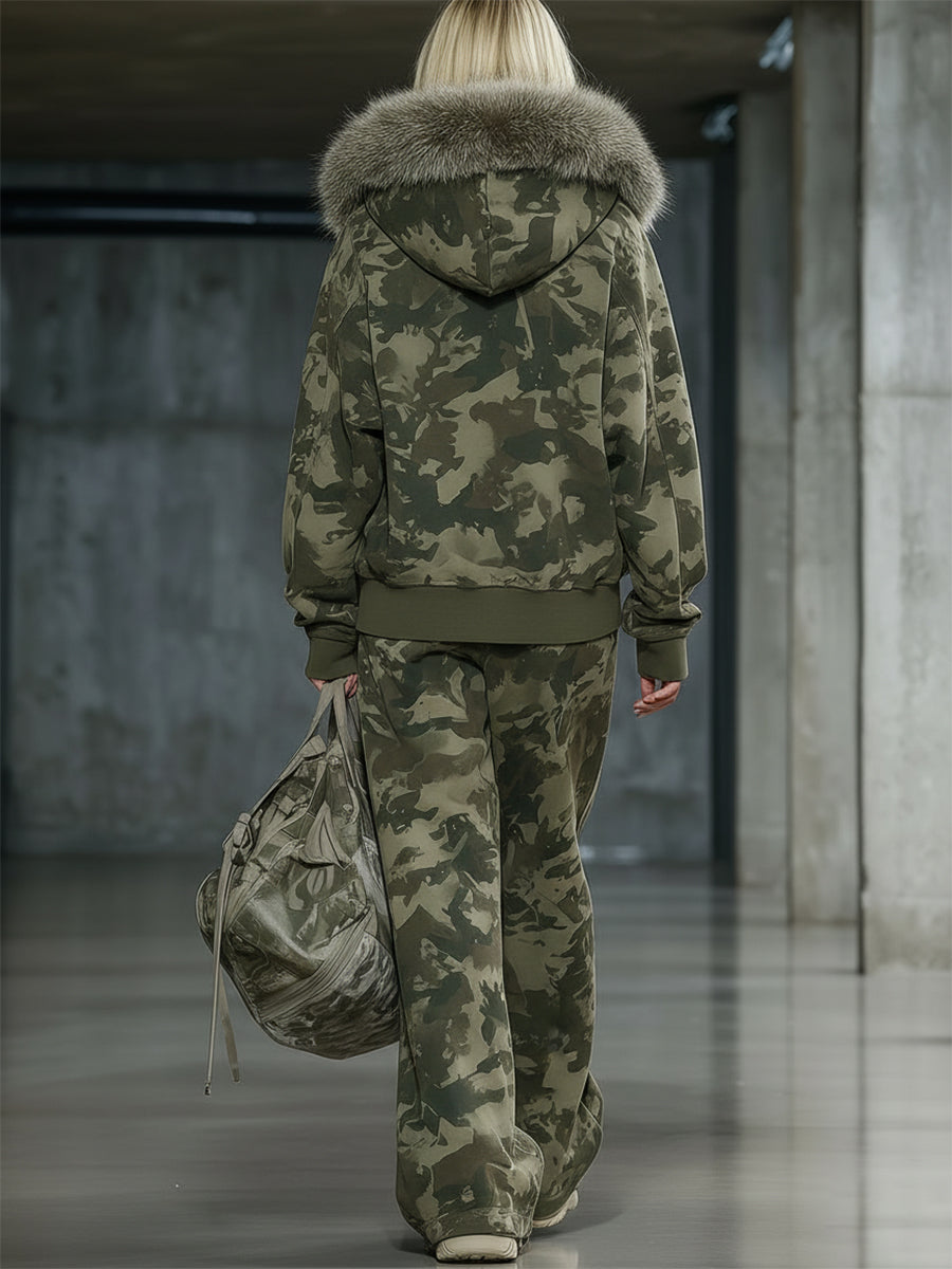 Ensemble Sweatshirt et Pantalon Large Camouflage avec Col en Fourrure Synthétique