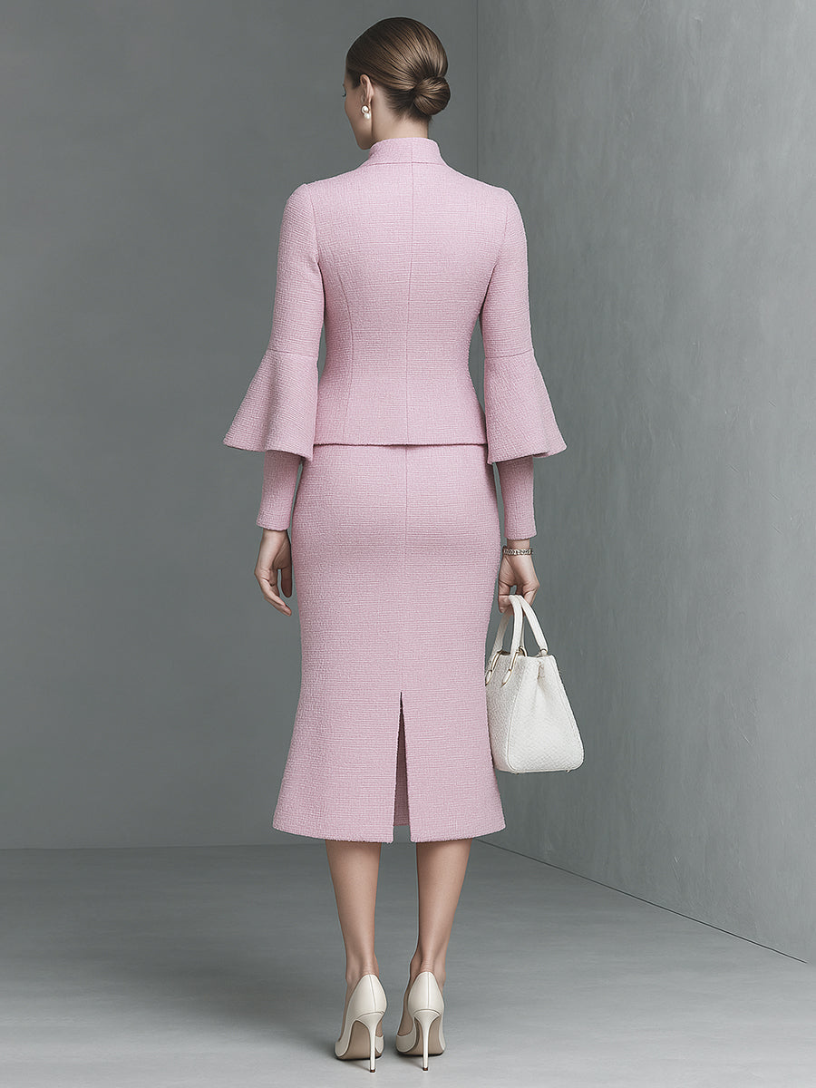Ensemble Chic en Tweed : Veste à Manches Trompette et Jupe Élégante avec Nœud