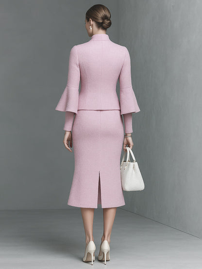 Ensemble Chic en Tweed : Veste à Manches Trompette et Jupe Élégante avec Nœud