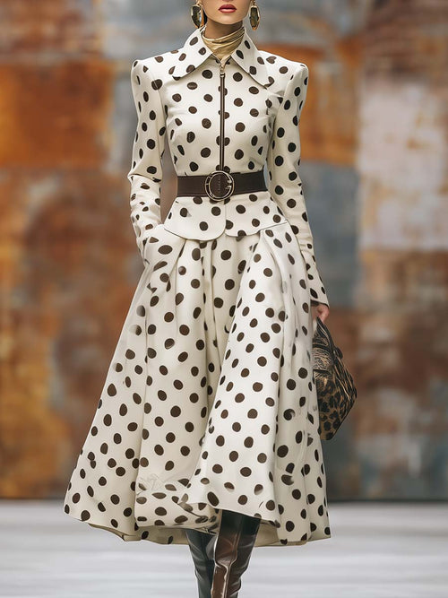 Veste Vintage à Pois Bruns avec Fermeture Éclair et Jupe à Ourlet Décontracté