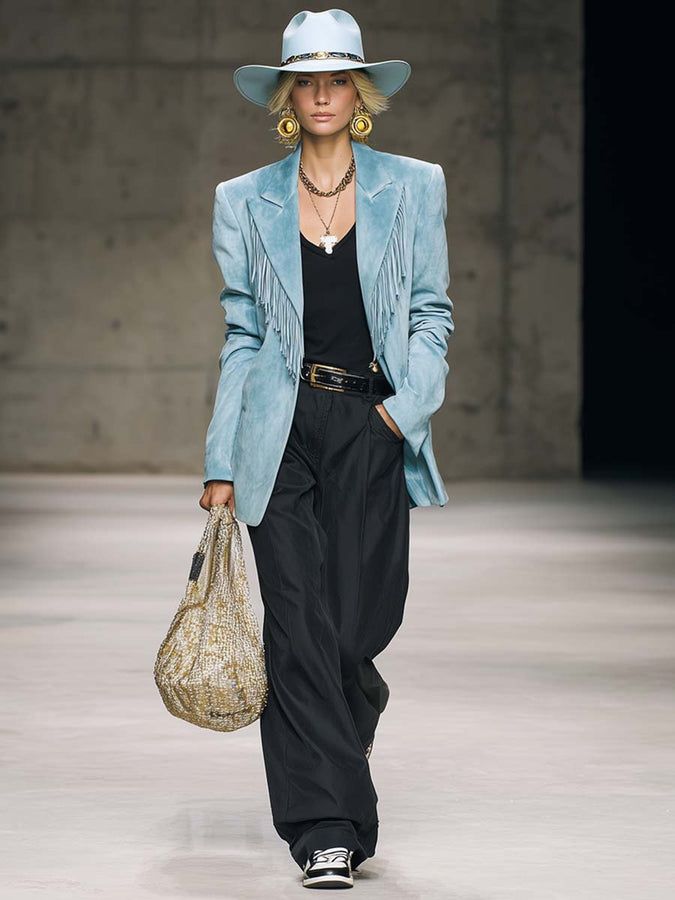 Veste en Suède Bleu Clair avec Col Pointe Vintage Western et Franges Élégantes