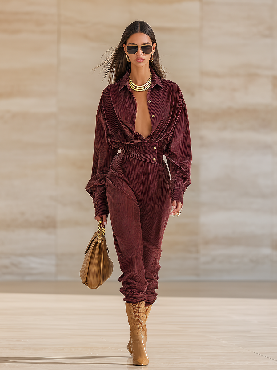 Chic Combinaison en Velours Côtelé à Manches Longues