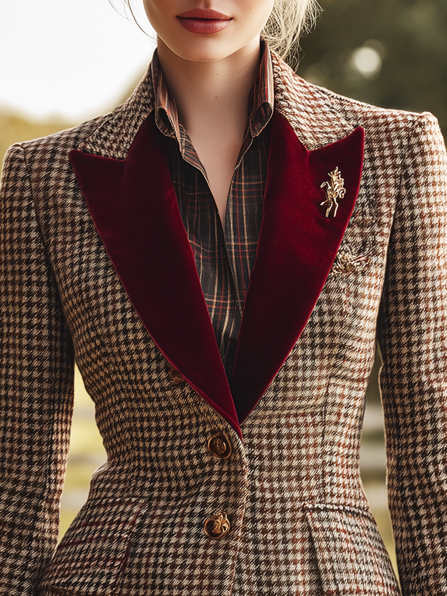 Élégant Blazer en Velours Rétro à Motif Pied-de-Poule avec Bouton Unique
