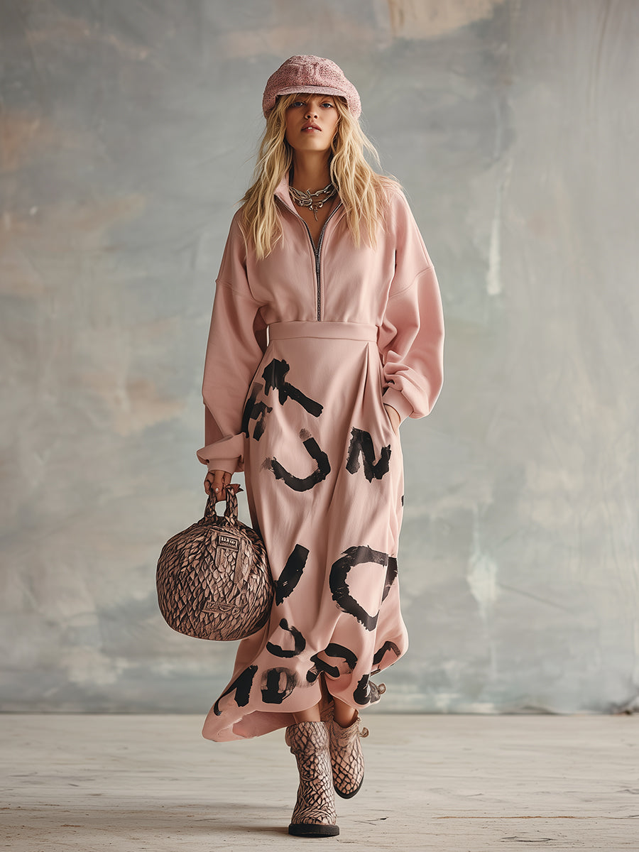 Pull Demi-Zip Rose avec Imprimé Urbain Tendance