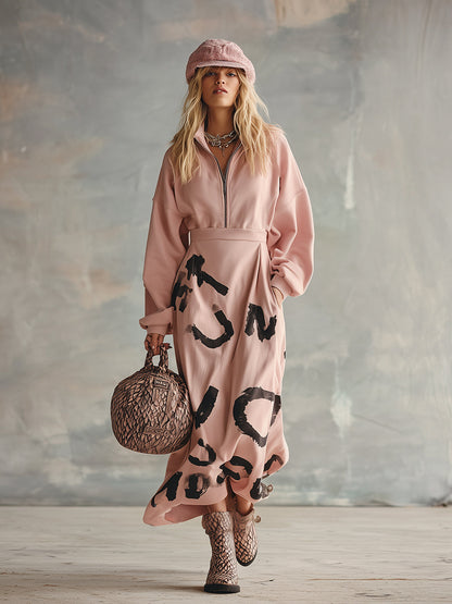 Pull à capuche rose à demi-zip avec imprimé streetwear tendance