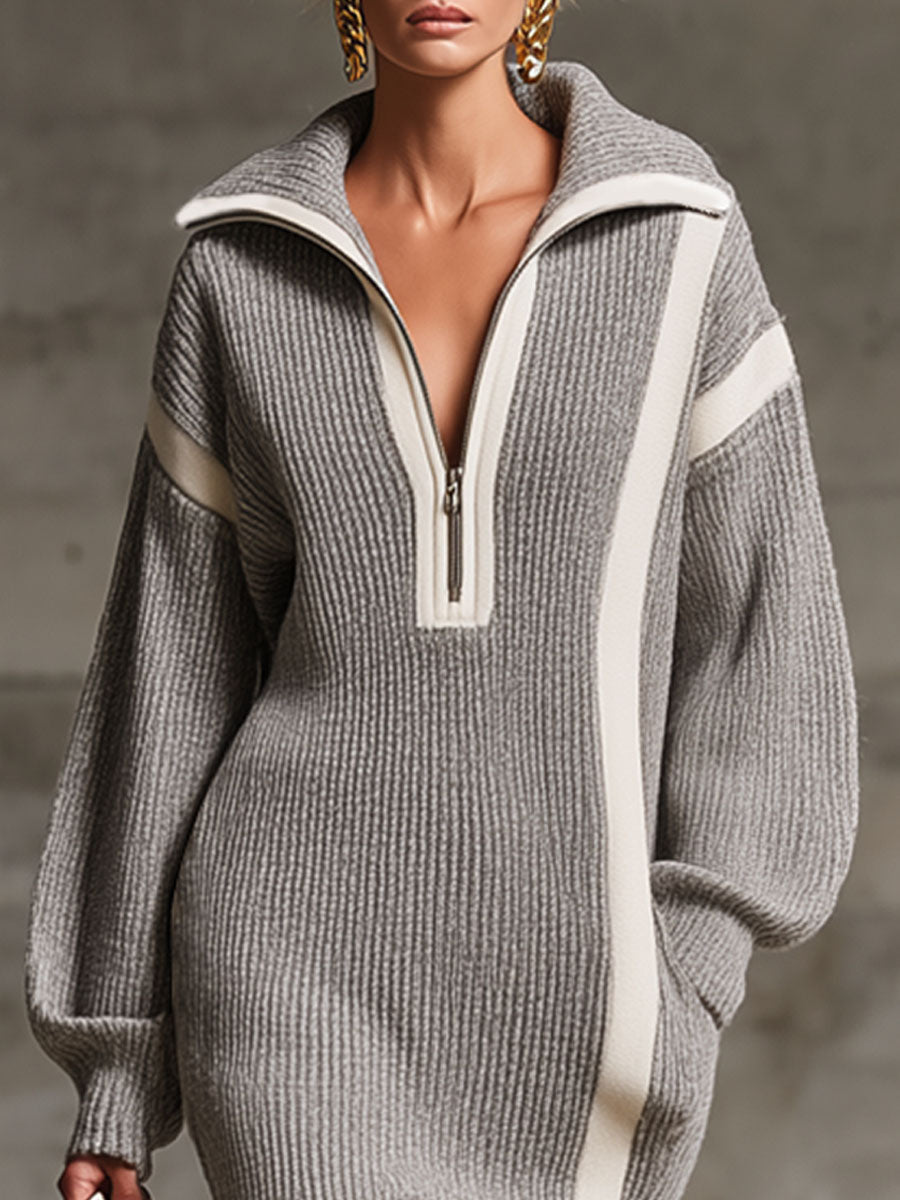 Robe Midi Tricotée avec Poches Doubles et Zip - Col Revers à Contraste Élégant