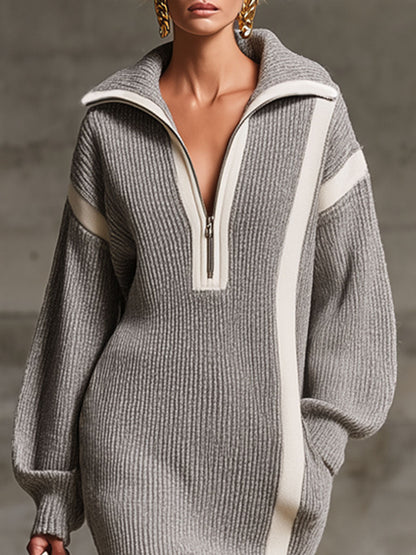 Robe Midi Tricotée avec Poches Doubles et Zip - Col Revers à Contraste Élégant