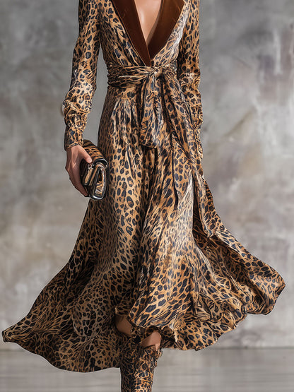 Robe Midi Rétro en Velours à Imprimé Léopard avec Col Élégant