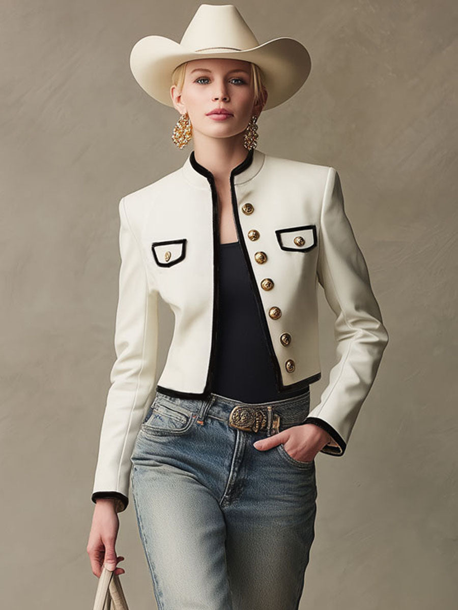 Veste en PU à col montant avec boutonnière simple et accents de couleur contrastée