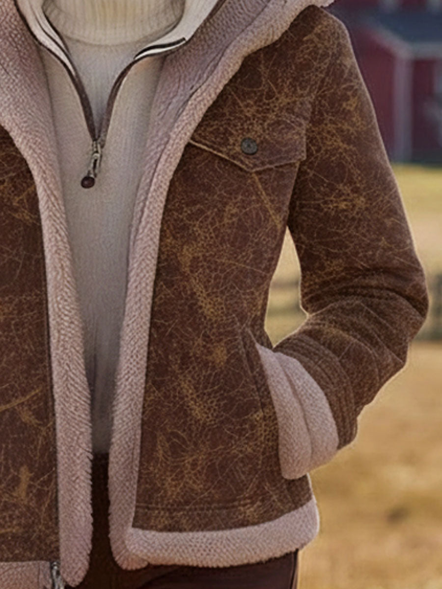 Veste à Capuche en Suède Synthétique Texturé Marron avec Doublure en Fleece Polaire Style Western Vintage
