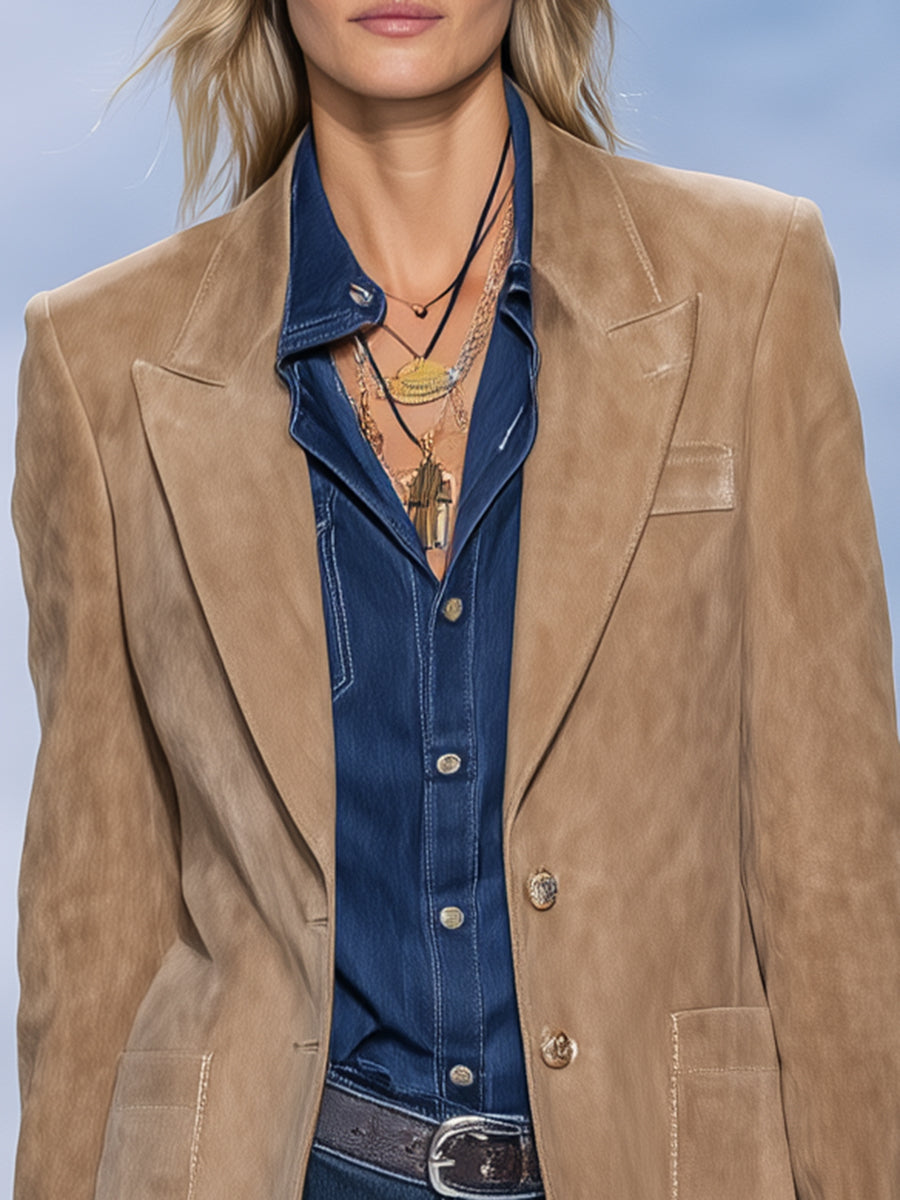 Chic Décontracté : Blazer Vintage en Suédine Kaki