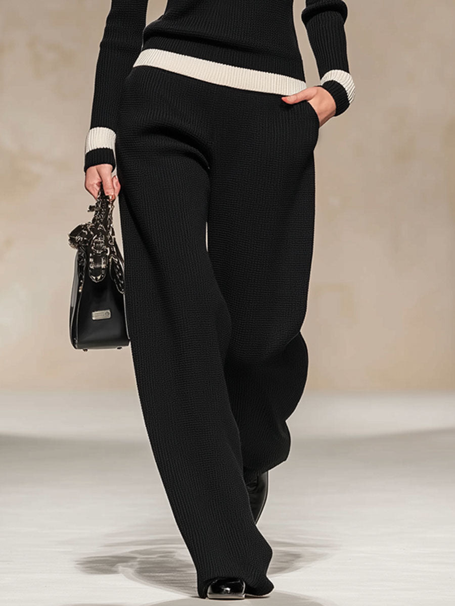 Chic Knit Set: Contrast Turtleneck Sweater & Wide-Leg Pants