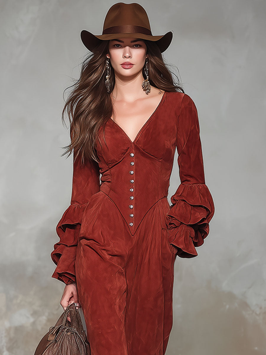 Combinaison Vintage en Faux Suède avec Col en V, Boutons et Manches Longues à Volants