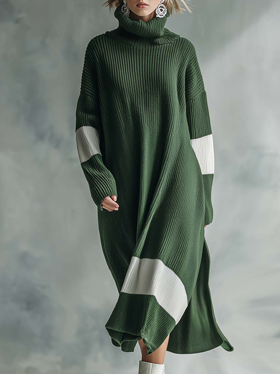 Robe Maxi Tricotée Élégante avec Col Montant Contrasté en Vert