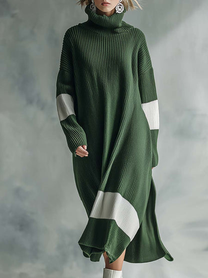 Robe Maxi Tricotée Élégante avec Col Montant Contrasté en Vert
