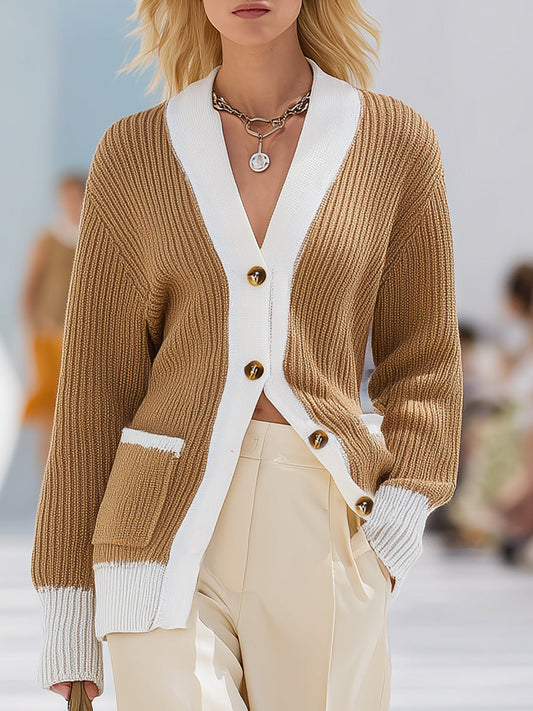 Chic Cardigan Tricoté en Harmonie de Marron et Blanc
