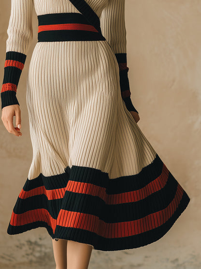 Robe Midi Rétro Beige à Rayures Rouge et Noire