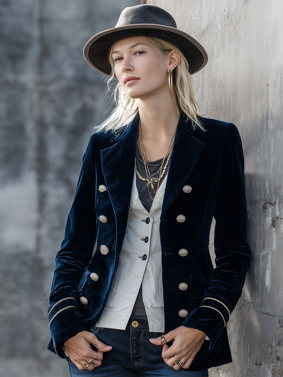 Veste Vintage en Velours Bleu Foncé à Double Boutonnage