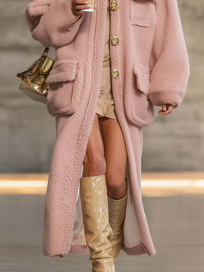 Exquis Manteau Vintage en Polaire Rose avec Boutons et Col Haut