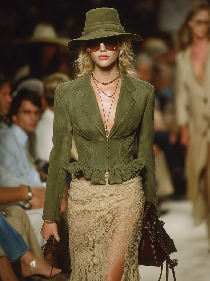 Veste courte zippée à volants - Style rétro western en vert armée décontracté