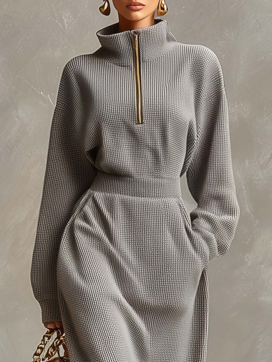 Robe Maxi Waffle Gris Clair : Élégance à Col Revers et Manches Longues avec Fermeture Éclair
