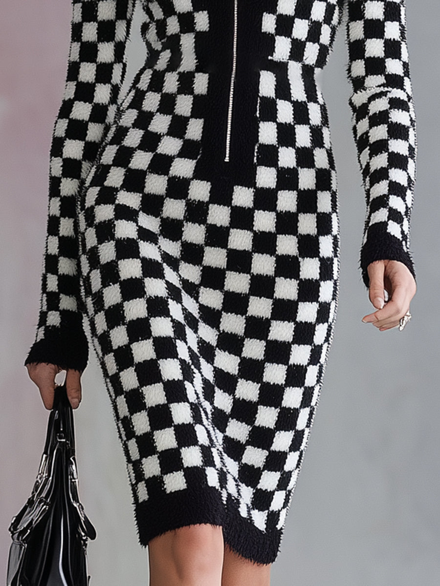 Chic Midi Robe Zippée en Mohair à Motif Carreaux Noir et Blanc