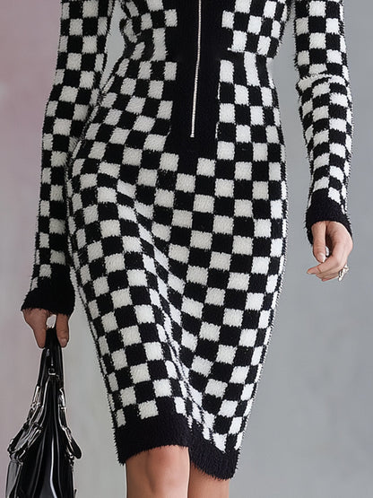 Chic Midi Robe Zippée en Mohair à Motif Carreaux Noir et Blanc