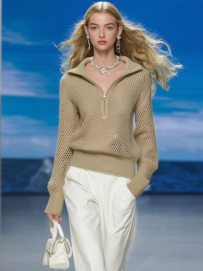 Chic et Décontracté : Pull Khaki à Demi-Zip Aéré