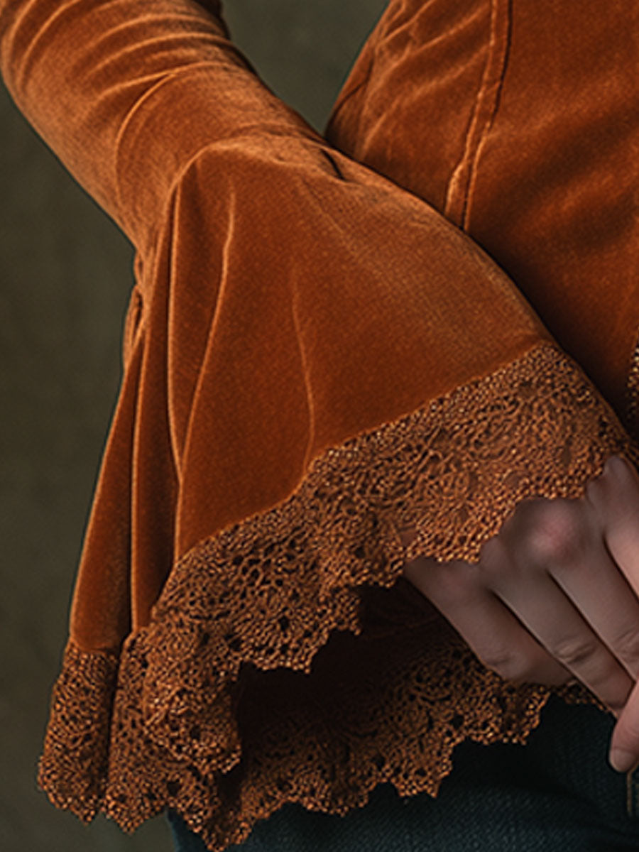 Rétro Chemise Longue en Velours Caramel avec Décolleté en V et Détails en Dentelle