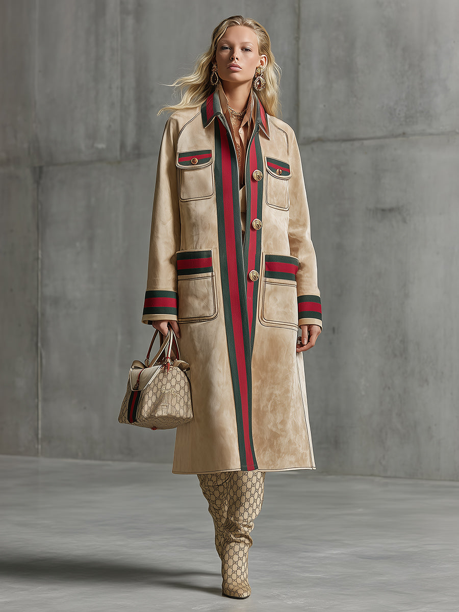 Veste en Faux Suède Beige avec Détails en Ruban Rouge et Vert – Élégance Minimaliste