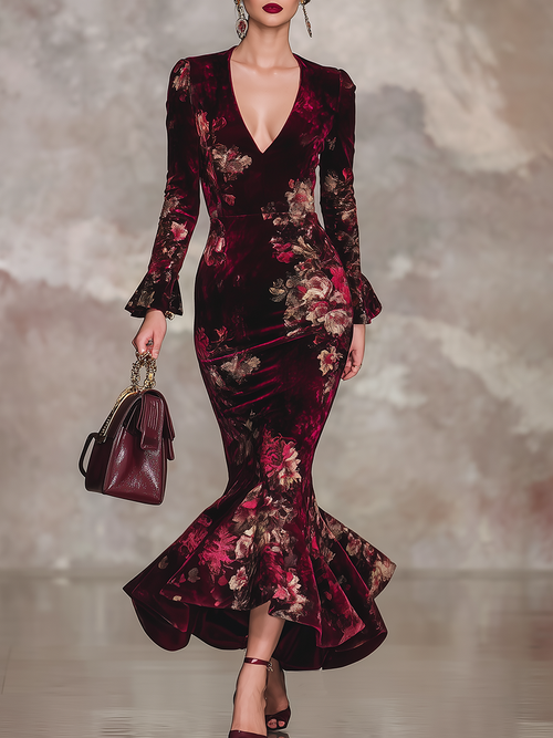 Robe Maxi Vintage en Velours Floral à Manches Longues et Décolleté en V