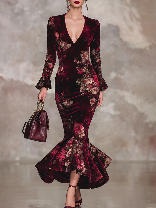 Robe Maxi Vintage en Velours Floral à Manches Longues et Décolleté en V