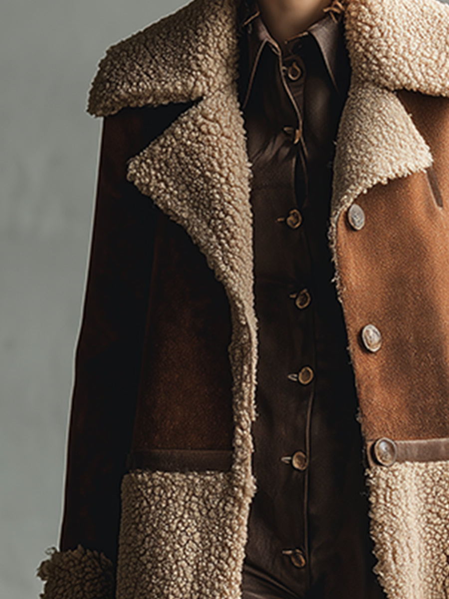 Veste mi-longue en suède synthétique marron au style western rétro, doublée en polaire