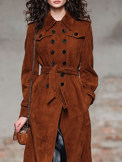 Trench en Suédine à Double Boutonnage avec Lacets - Coupe Oversized