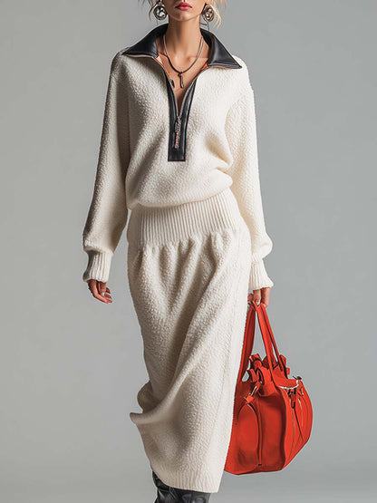 Robe Maxi en Polaire Écrue avec Accents en Cuir et Fermeture Demi-Zip