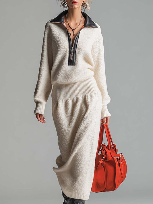 Robe Maxi en Polaire Écrue avec Accents en Cuir et Fermeture Demi-Zip