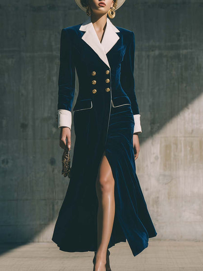 Robe Maxi Vintage en Velours Bleu Foncé avec Revers Contrastés et Double Boutonnage