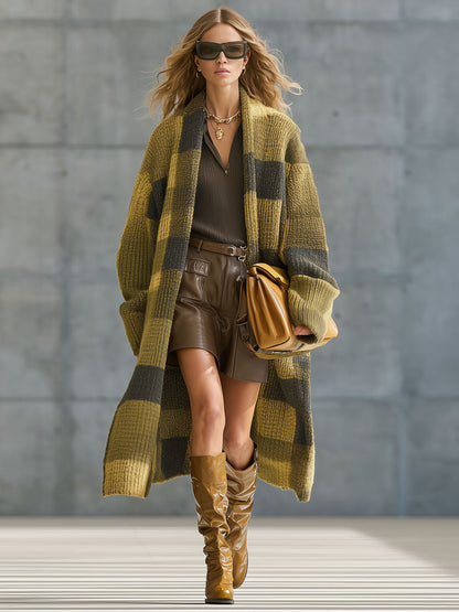 Cardigan Vintage à Motif Carreaux Jaunes et Verts