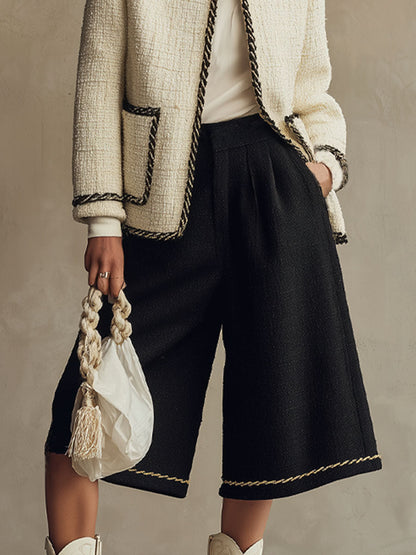 Ensemble Chic en Tweed : Veste à Col Rond et Pantalons Croisés à Jambes Amples