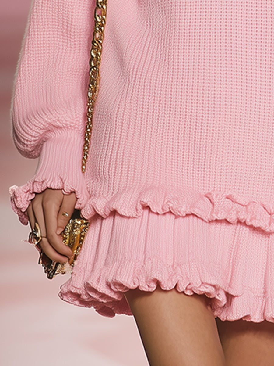 Robe Mini Tricotée Rose : Élégance Romantique avec Ourlet Flottant