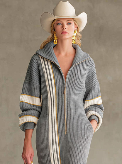 Robe Midi Tricotée avec Col Revers et Fermeture Éclair à Rayures Élégantes