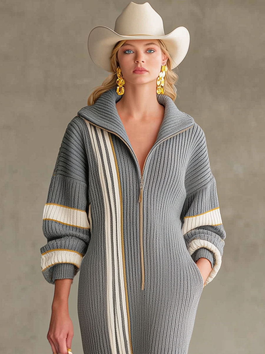 Robe Midi Tricotée avec Col Revers, Zip Élégant, Rayures Contrastées et Fente Chic