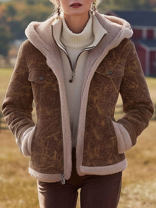 Veste à Capuche en Suède Synthétique Texturé Marron avec Doublure en Fleece Polaire Style Western Vintage
