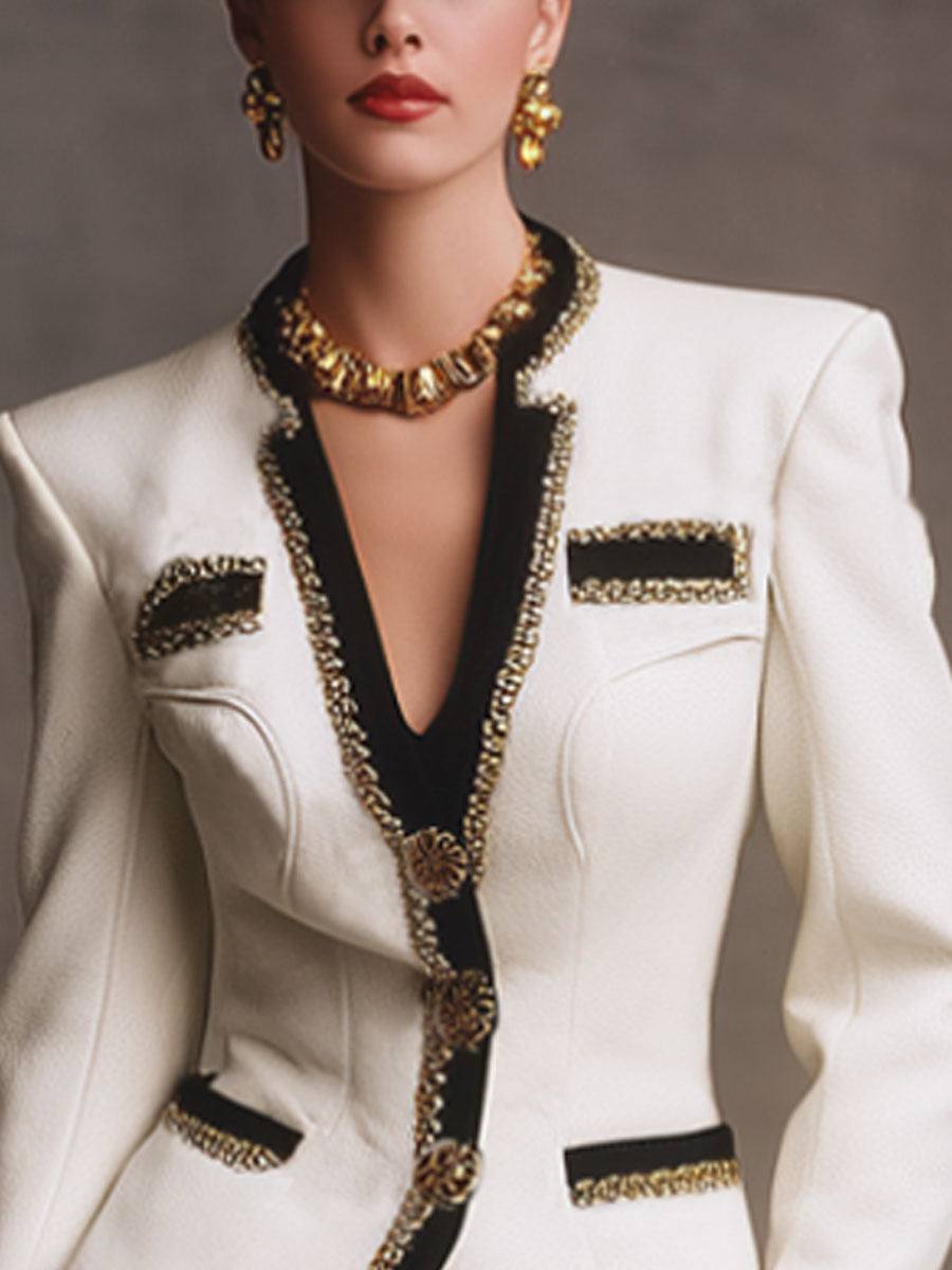 Veste Élégante en Laine à Col V avec Détails Contrastés