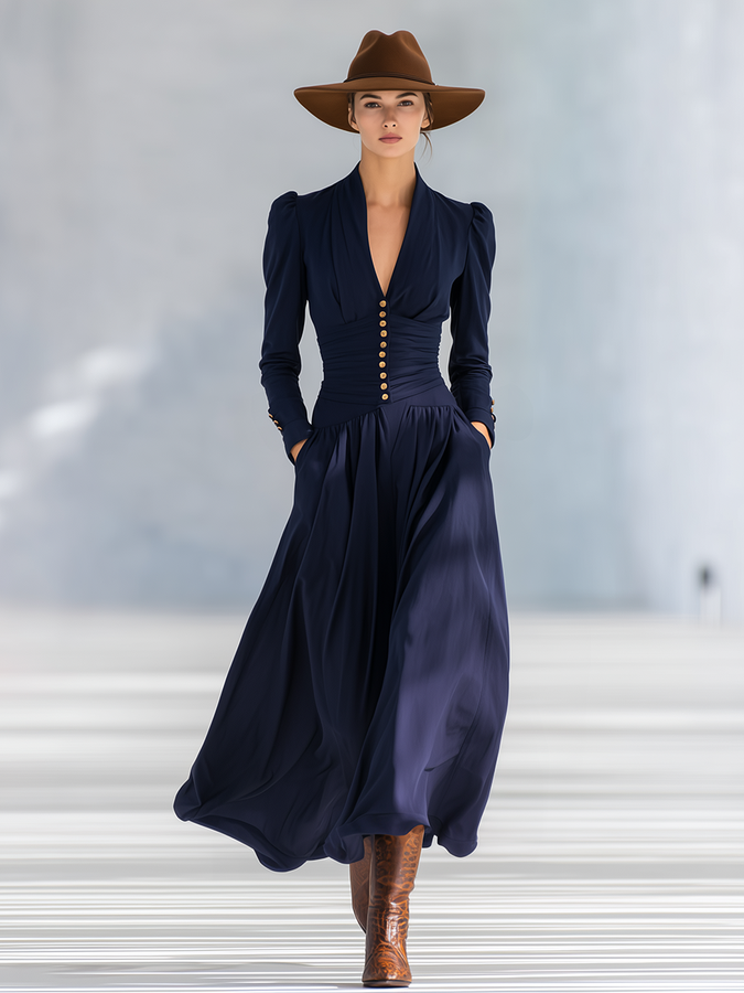 Robe Maxi Élégante à Manches Longues et Décolleté en V, Ornée de Boutons Chic