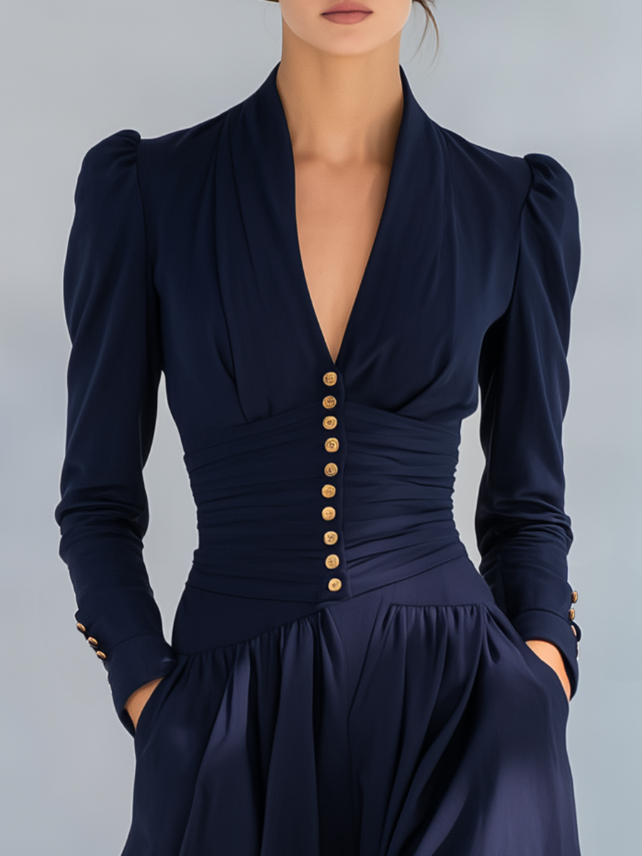 Robe Maxi Élégante à Manches Longues et Décolleté en V, Ornée de Boutons Chic