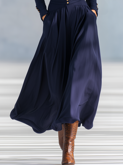 Robe Maxi Élégante à Manches Longues et Décolleté en V, Ornée de Boutons Chic