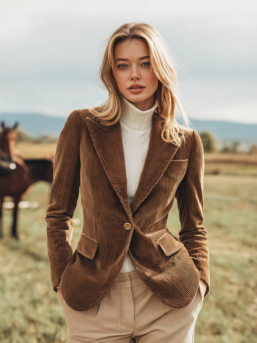 Élégant Blazer Rétro en Velours Côtelé avec 3 Poches et Boutonnage Simple