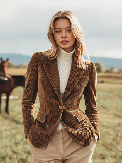 Élégant Blazer Rétro en Velours Côtelé avec 3 Poches et Boutonnage Simple